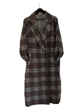 Plaid Long Double-Breasted Duster in Brown and Cream By Arula